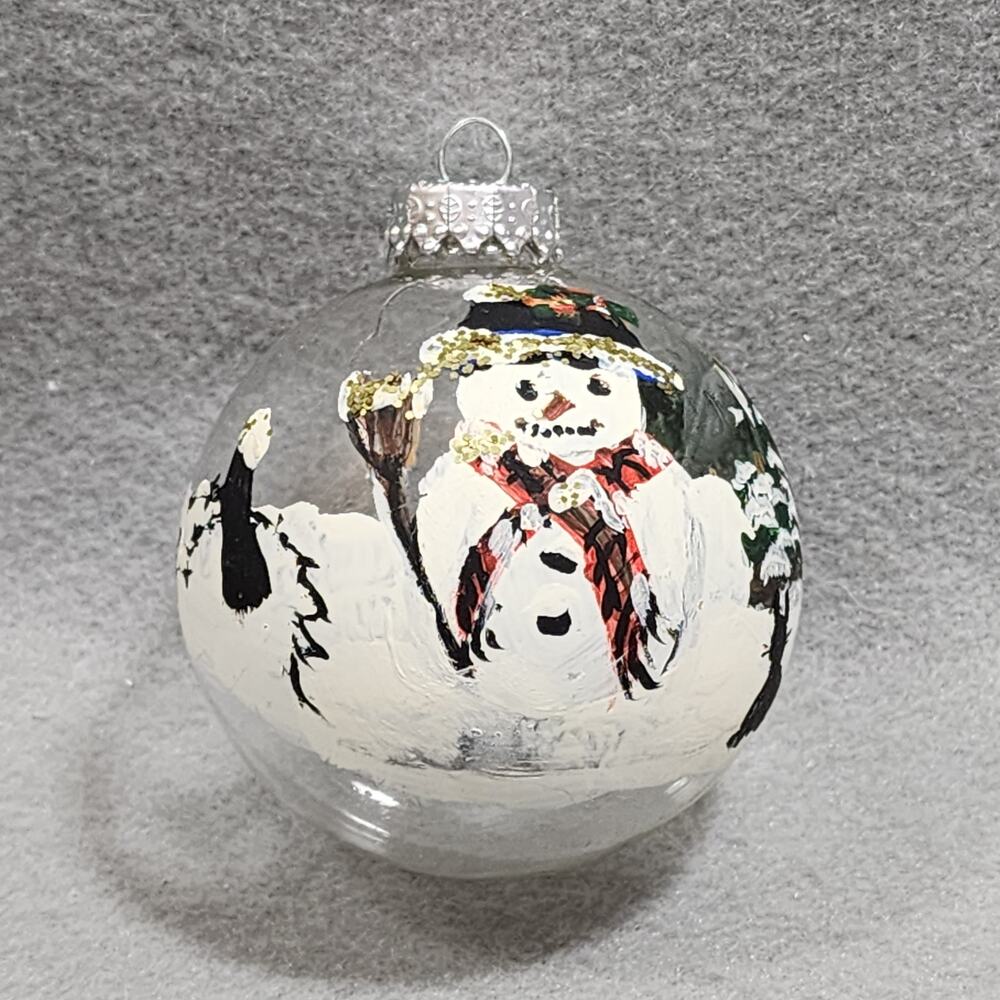 Hand Painted Collectible SNOWMAN Winter Scene Glass Christmas Ball Ornament